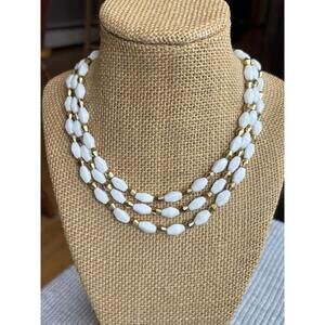 Vintage Crown Trifari 3 Strand White Glass Bead Necklace Gold Tone